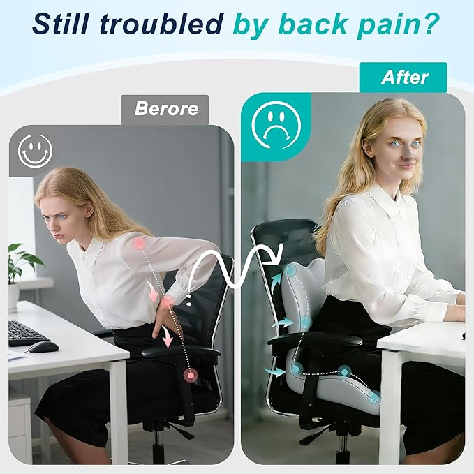 Seat Cushion for Office Chair and Car, Lumbar Support Pillow for Office Chair, Memory Foam Ergonomic Seat Cushion for Long Sitting, Back & Tailbone Pain, Sciatica - Light Gray