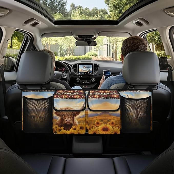 Highland Cow Sunflower Car Backseat Hanging Trunk Organizer with 4 Pockets Multipurpose Adjustable Car Organizer Bag Auto Interior Accessories