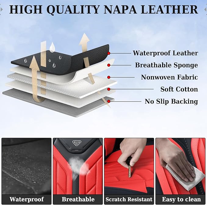 Coverado Seat Covers, Car Seat Covers Front Seats, Leather Seat Covers for Cars, Automotive Seat Covers Car Seat Protector Car Seat Cushion Universal Fit for Most Sedans SUV Pick-up Truck(Black&Red)