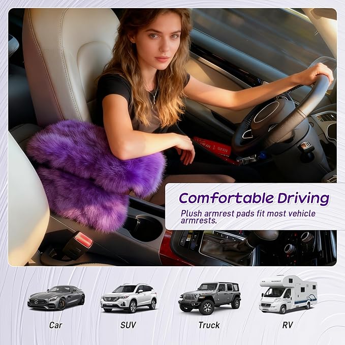 Fluffy Car Armrest Cover with Side Pockets – Plush Fuzzy Fur Center Console Armrest Cushion Pad, Universal Winter Car Interior Protector, Soft Arm Rest Cover with Storage for Women & Men (PURPLE)