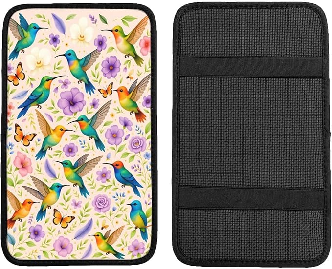 Hummingbird Floral Car Handrail Box Cushion Armrest Cover Auto Center Console Pad Car Decor 12.6X7.5 in
