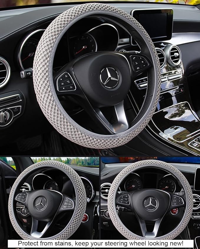 Hiflyer Steering Wheel Cover - Universal 14.5-15 Inch, Soft Microfiber, Women & Men, Grey