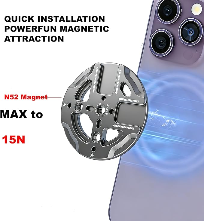 Magnetic Tripod Mount Adapter with 1/4" Threads & Multi-Angle Arri Holes, MagSafe Compatible Stand for iPhone 16 Pro Max, 15 Plus, 14, 13, 12 Mini - ME60 (MS60-GRY)