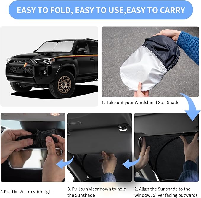 for Toyota 4Runner 2010-2024 2025 2026 Sun Shade Sunshade Windshield Cover - 4 Layers Front Window Shade for 4-Runner Custom Fit Sun Visor - 240T Retractable Shade Blocks UV Rays Car Accessories