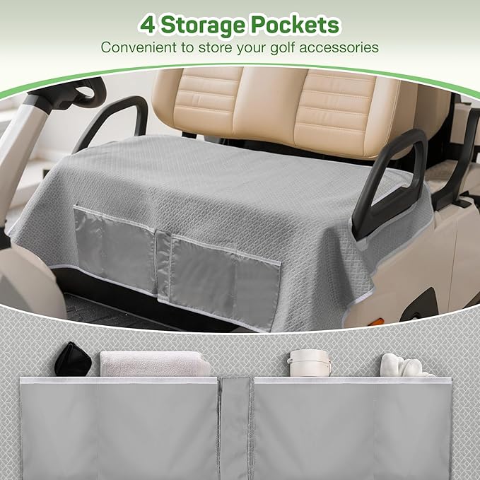 MoKo Golf Cart Seat Covers, Universal Golf Cart Seat Towel Blanket for EZGO,Yamaha,Club Car and More 2-Seat Carts with 4 Front Pockets, Universal Golf Accessories, Non-Slip Easy to Clean, Gray