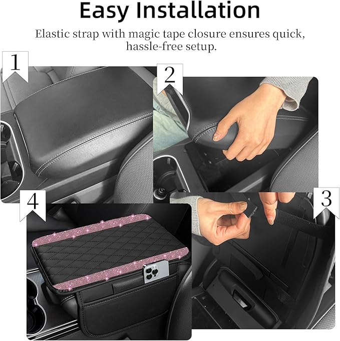 NBTEPEM Bling Car Center Console Cover, Leather Car Arm Rest Cover Cushion with 2 Storage Bags, Universal Automotive Armrest Protector Storage Box, Bling Accessories Interior for Most Vehicles (Pink)