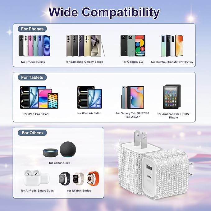 Aolcev for iPhone Charger Fast Charging Bling 2 in 1 USB A USB C Charger Block 25W Type C Fast Charging Blocks for iPhone 17 16 15 14 13 iPad Bling USB C Adapter for Galaxy S26 S25 Rhinestones Sliver