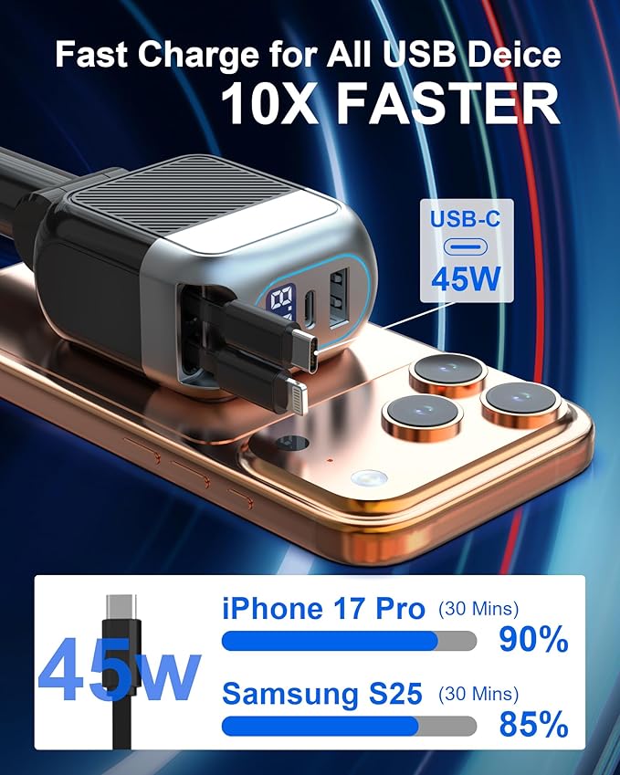 87W Retractable Car Charger, 4-in-1 Fast USB C Charging Car Adapter with 45W Type C Cable for iPhone 17/16 Pro Max & Samsung, 12W Lightning Cable for iPhone 14, Travel Essentials Car Accessories