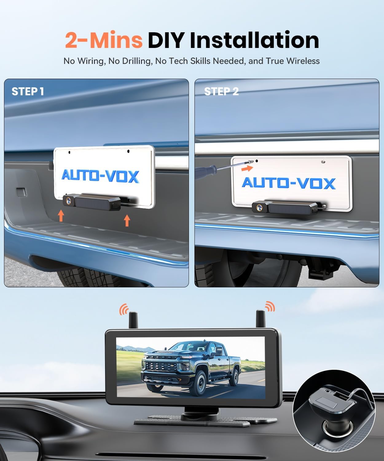 AUTO-VOX 2 Solar Wireless Backup Camera System with Two Cameras (License Plate & Portable): 7.2” 1080P HD Dual Channel Monitor, IP69K Waterproof Back up Camera for Truck,RV,Camper,Horse/Boat Trailer