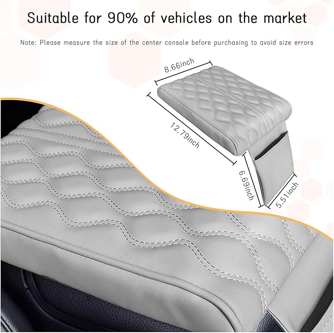 Ziciner Car Center Console Cover, Leather Memory Foam Armrest Cushion Protection Pad, Waterproof Hand Rest Pillow with Height Increase, Universal Accessory for Most Car (Gray)