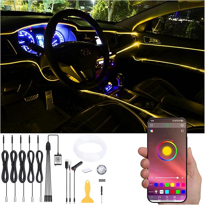6 Meters Optic Fiber Car Ambient Lighting with Bluetooth App Control 64 Colors Multicoloured Music Interior Lighting Kit DC 12V 1W
