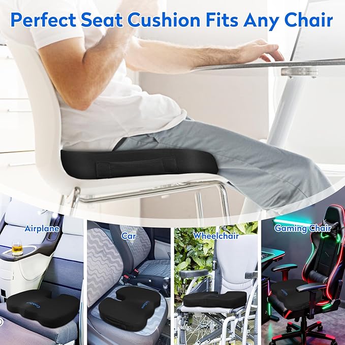 Seat Cushion, Office Chair Cushions, Car Seat Cushion, Non-Slip Sciatica & Back Coccyx Tailbone Pain Relief Chair Pad, Memory Foam Pillow for Computer Desk, Wheelchair, Driving(Black)