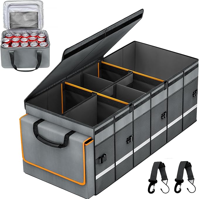 GDNasist Car Trunk Organizer and Storage with Removable Leakproof Cooler Bag, 6 Removable Dividers for Custom Space, Collapsible Trunk Storage with Non Slip Bottom, Foldable Cover for SUV, Jeep, MPVs