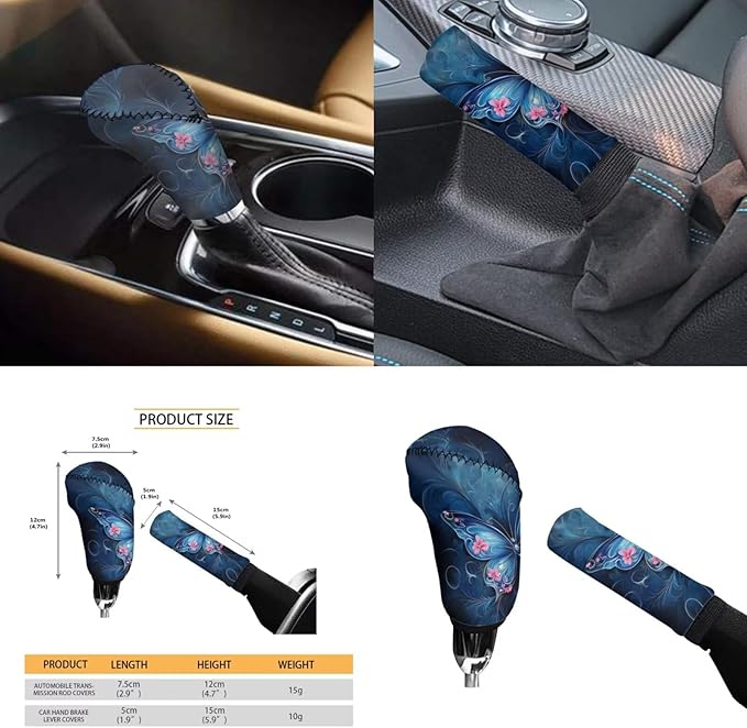 Blue Butterfly Print 6pcs Car Steering Wheel Cover Set Flower Cup Coaster Handbrake Gear Cover Armreat Cushion Car Interior Decor Protector Fit for SUV Truck Sedan