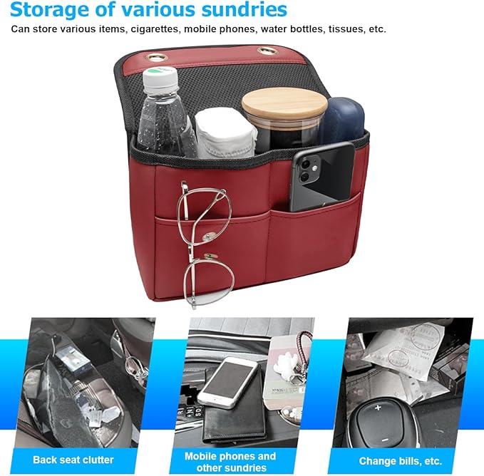 Car Seat Back Organizer, Multipurpose Leather Vehicle Backseat Hanging Bag Holder with Pockets, Large Capacity Automotive Interior Storage Box Accessories, Universal Fit (Wine Red)