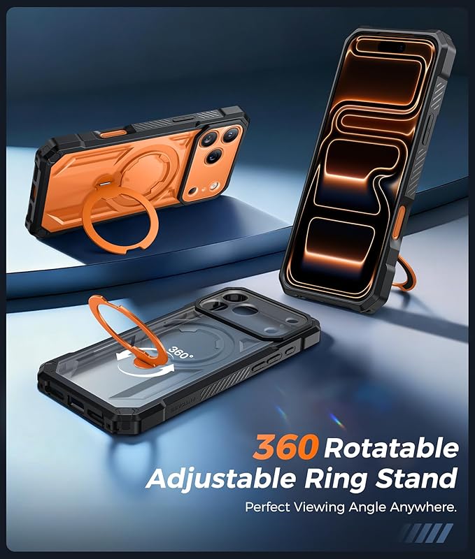 FNTCASE for iPhone 17 Pro-Max Case: [360 Spin Magnetic Ring Kickstand] [Compatible for MagSafe] [Screen Protector] Heavy Duty Military Grade Protection Protective Phone Case with Stand Orange
