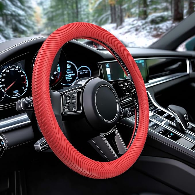 WOCOCN Car Steering Wheel Cover, Thin Anti-Skid Silicone Steering Wheel Cover for Men & Women, Universal Automotive Interior Accessories for Most Cars (Red)