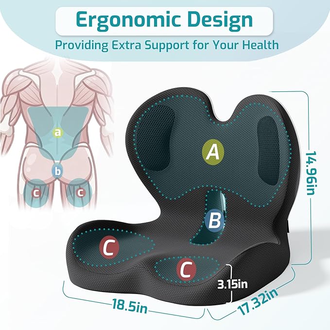 Ergonomic Seat Cushion,Office Chair Cushion with Lumbar Support Pillow,Car Orthopedic Seat Cushions,Designed for Sciatica,Tailbone,Back Pain Relief,for Office,Car,Truck,Home,Desk Chair