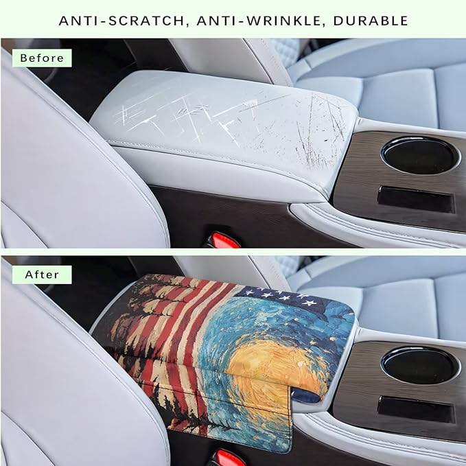 Car Console Covers, Memory Foam Center Console Cushion with Storage Bags, American Flag Sky Middle Console Protector Car Accessories Interior for Women Men
