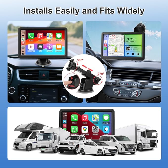 Carplay Screen for Car, 7" Wireless Carplay & Android Auto, Portable HD Touchscreen with Mirror Link, GPS Navigation, Voice Control, Hands-Free Calling, Bluetooth/AUX/FM, Plug & Play Car Play Screen