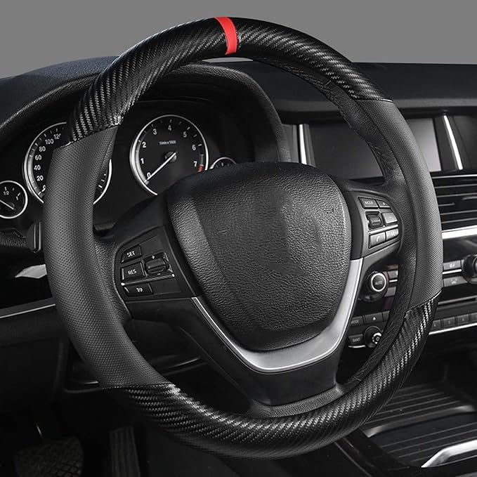 KAFEEK Carbon Fiber Steering Wheel Cover for Ford F150 F250 F350 Ram 4Runner Tacoma Tundra Range Rover, Large Size 15.5"-16", Breathable Microfiber Leather, Odorless, Black