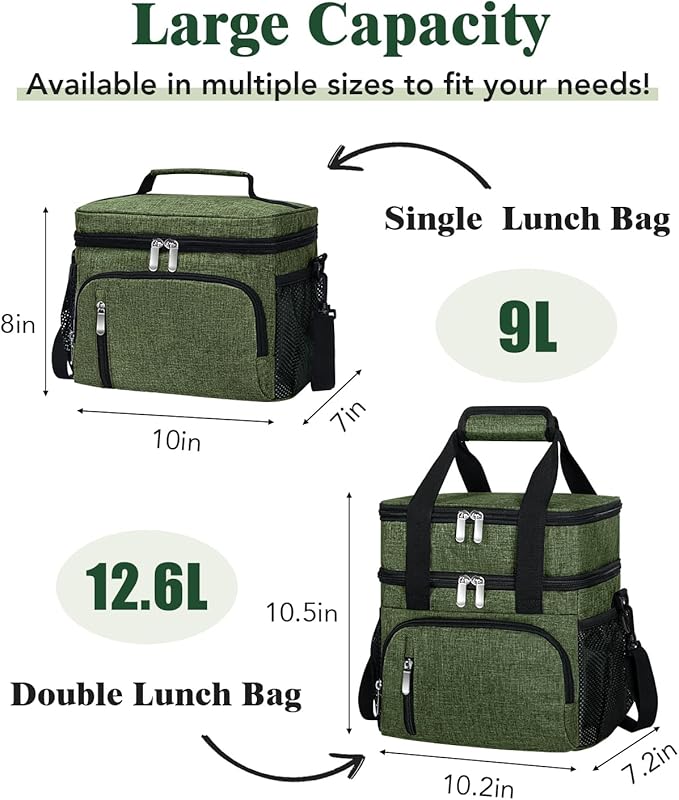 Insulated Lunch Bag for Men & Women, Double Leakproof Lunch Box Soft Cooler Tote with 5 Pockets, 600D Oxford, EVA Lining, Adjustable Strap for Work, Picnic, Beach&Travel-Army Green