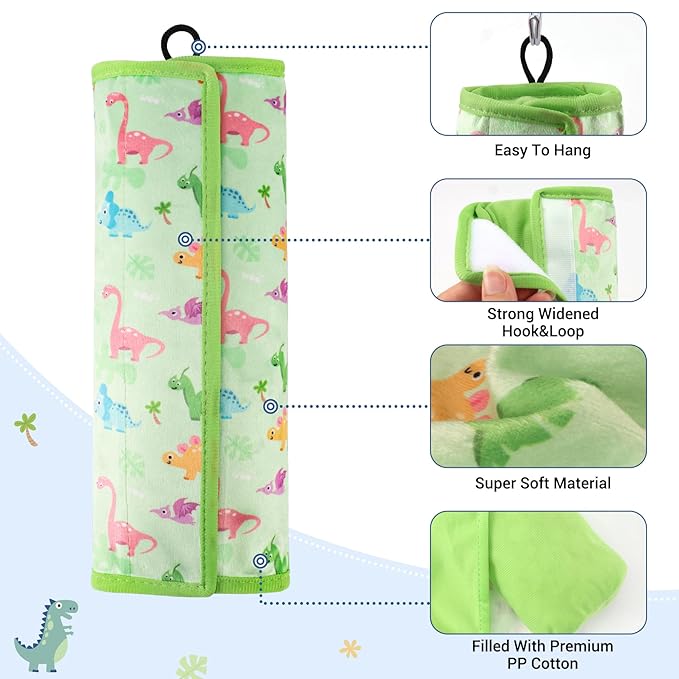 COOLBEBE Seat Belt Pillow for Kids, Extra Soft Toddler Travel Pillow for Car Seat, Universal Carseat Strap Cushion Pads for Childs Baby People Adults, Green Dinosaurs