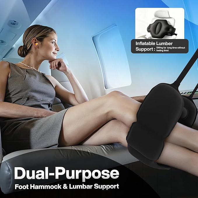 4-in-1 Travel Set – Inflatable Neck Pillow, Convertible Lumbar Support & Foot Hammock, 3D Sleep Mask & Ear Plugs – Complete Comfort Kit for Airplane, Office & Car – Gift-Ready (Black)