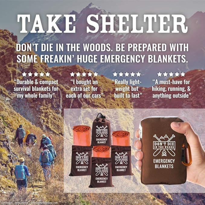 Don't Die In The Woods - Freakin’ Huge Emergency Blankets [4-Pack] Extra Large Thermal Mylar Space Blanket - One of The Ten Essentials Outdoor Survival Gear for Hiking Camping First Aid Kit (Orange)