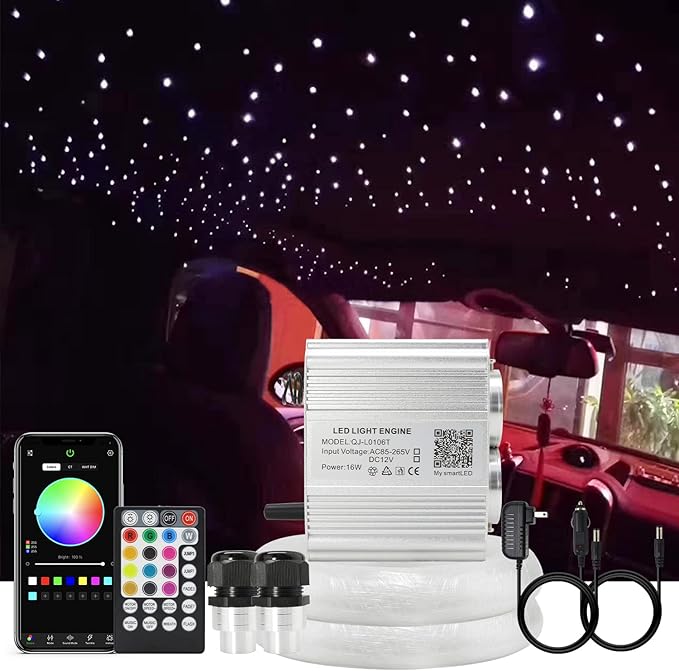 AKEPO 16W Dual Head Twinkle Fiber Optic Lights Kit, Car Home Use Star Ceiling Sky Light RGBW Twinkle APP Control Music Activated Light Engine+860pcs of Mixed Diameter Fibers 9.8ft/3m+Remote