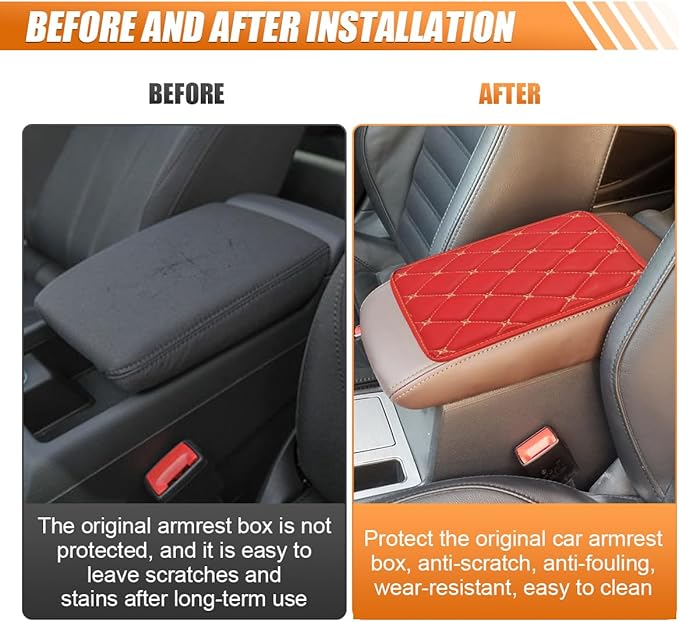 Leather Center Console Cover for Cars, Waterproof Arm Rest Box Protective Cover Car Center Console Cushion Pad, Universal Middle Console Armrest Pad Cover for Most Vehicles (Red/Beige)