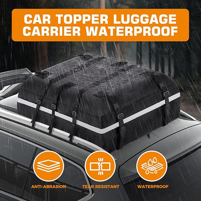 Car Rooftop Cargo Carrier Bag, 20 Cubic Feet 100% Waterproof Heavy Duty PVC Car Roof Bag for All Vehicle with/Without Racks -Anti-Slip Mat, 8 Reinforced Straps, 6 Door Hooks, Luggage Locks (Black)