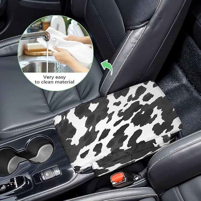 Wanyint Black White Cow Print Auto Center Console Pad Soft Armrest Box Mat Protector Non-Slip Middle Console Cover with Pockets Storage Bag Hand Rest Pillow Automobile Decor Accessories