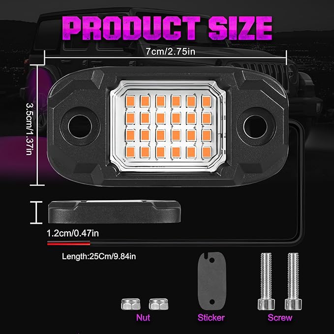 4 Pods Purple Rock Lights 24 LEDs Chips Waterproof Neon Trail Rig Lamp Underglow Light for Car Truck Motorcycle SUV ATV UTV