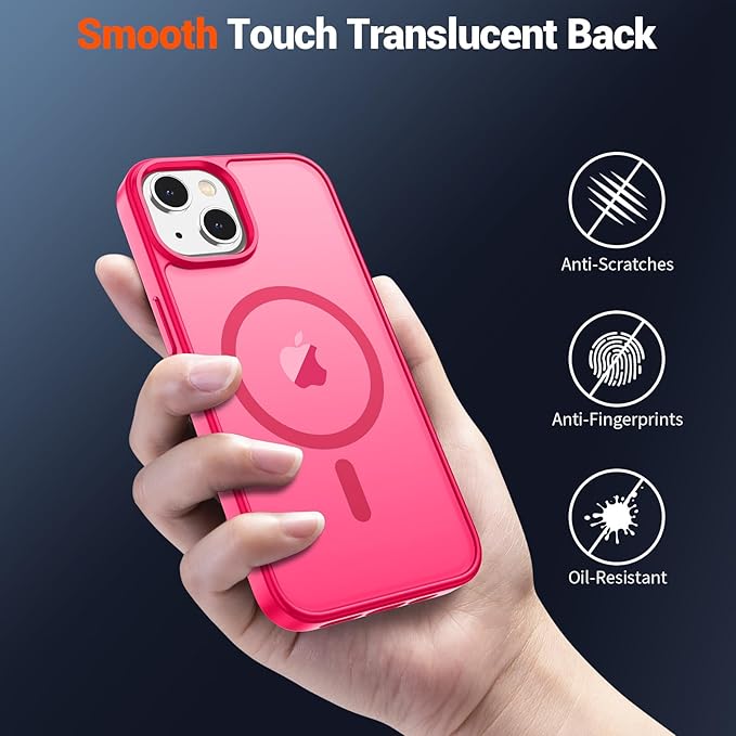 SUPFINE Magnetic for iPhone 14 Case & iPhone 13 Case (Compatible with MagSafe) (Military Grade Drop Protection) Slim Translucent Matte Shockproof Phone Cover,Hot Pink