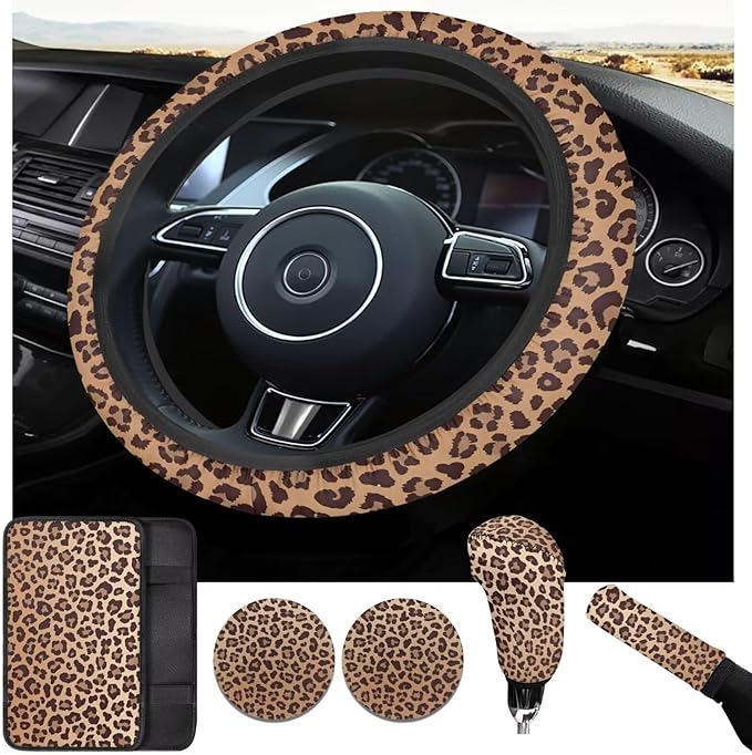 Leopard Print Car Steering Wheel Cover 6pcs Brown Cute Car Accessories Handbrake Cover Cup Coaster Suit for Most Cars Truck Vans SUV