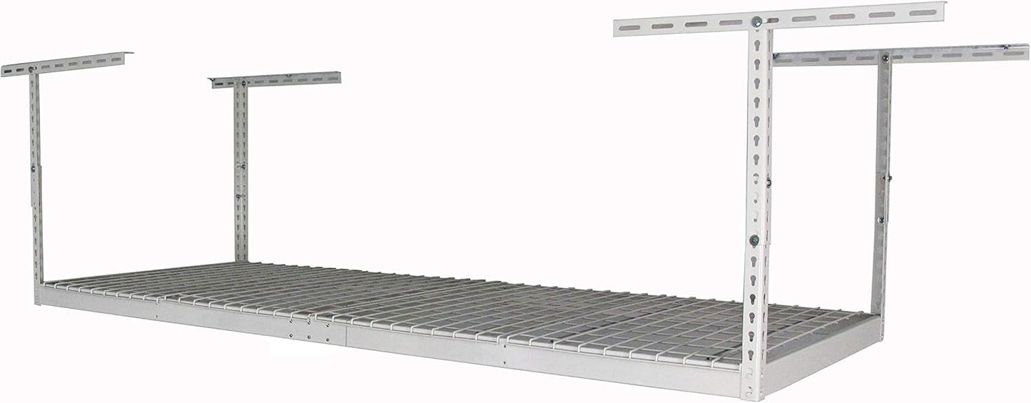 MonsterRax Overhead Garage Storage Racks 3x8’ Ceiling Mounted Shelving, Adjustable Hanging Organizer, Heavy Duty Steel, Holds 500 Pounds, Color: White, Adjustable from 24"-45" off the Ceiling