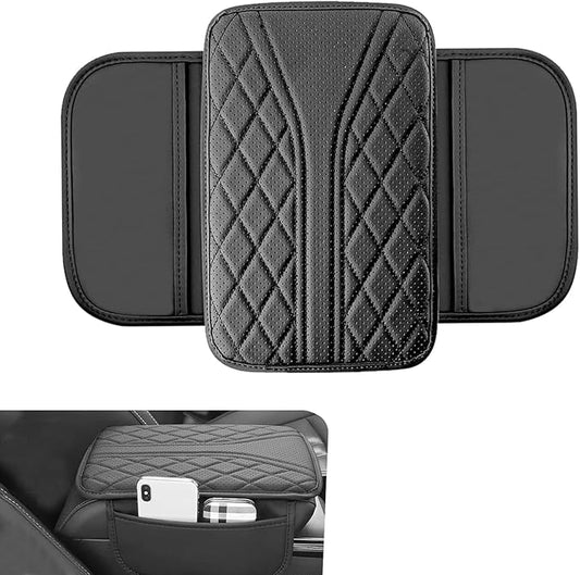 Car Center Console Cover, Leather Automotive Armrest Cushion with 2 Storage Bags, Breathable Armrest Cover, Universal Waterproof Arm Rest Protection Pad for SUV, Sedan, Truck (Black)