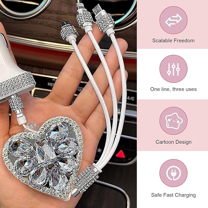 Multi Charging Cable, 3 in 1 Multi Charger Cable with Type-C/Lightning/Micro USB Connectors, Rhinestone Retractable Car Charger Cord, Universal for Most Phones, Tablets (White)