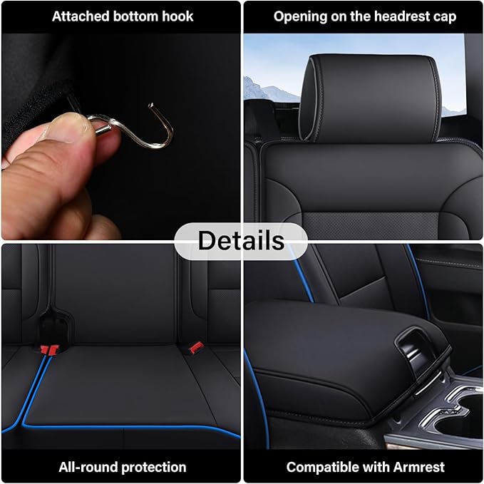 Coverado Silverado Seat Covers Full Set, Faux Leather Car Seat Covers Fit for Chevy Silverado GMC Sierra 2007-2013 & 2019-2026 1500, 2020-2026 2500HD 3500HD Crew Double Extended Cab(Blueline)