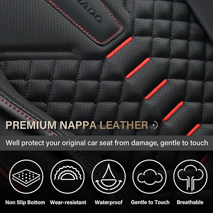 Coverado Car Seat Covers, Front Seat Cover, Waterproof Nappa Leather Seat Covers for Cars, 2 Pack Car Seat Protectors, Driver Seat Cover, Automotive Seat Covers Universal Fit for Most Cars, Black&Red