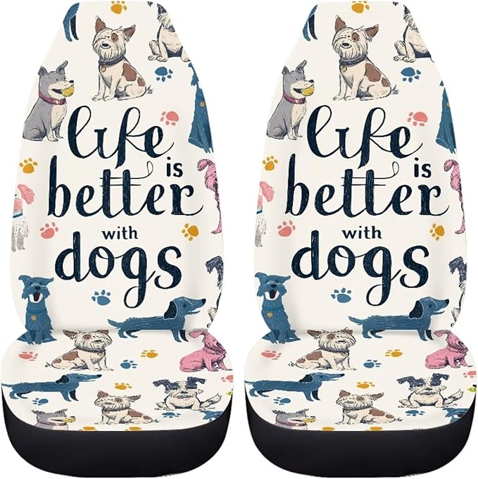 BIGCARJOB Cute Dogs Car Seat Covers Set for Front Only Car Interior Seat Rugs 2 Pcs Car Accessories Auto Front Seat Protector Set for Women