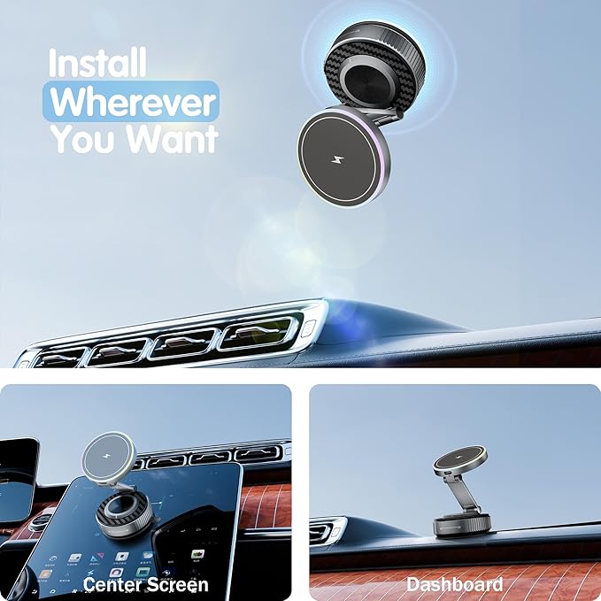 Magnetic Phone Holder for Car Wireless Charging, 15W Fast Wireless Car Charger with Vacuum Suction, 360° Adjustable Magnetic Mount for Dashboard & Windshield, Hands-Free for MagSafe iPhone & Android