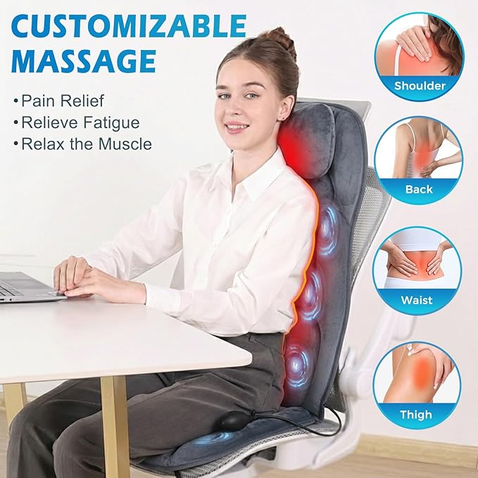Back Massager with Heat, Full Body Massage Pad with Pillow Neck Support, Soft Plush Fabric Cover, Chair Massager with 3D Lumbar Truction and 8 Vibration Motors, Home Office Use