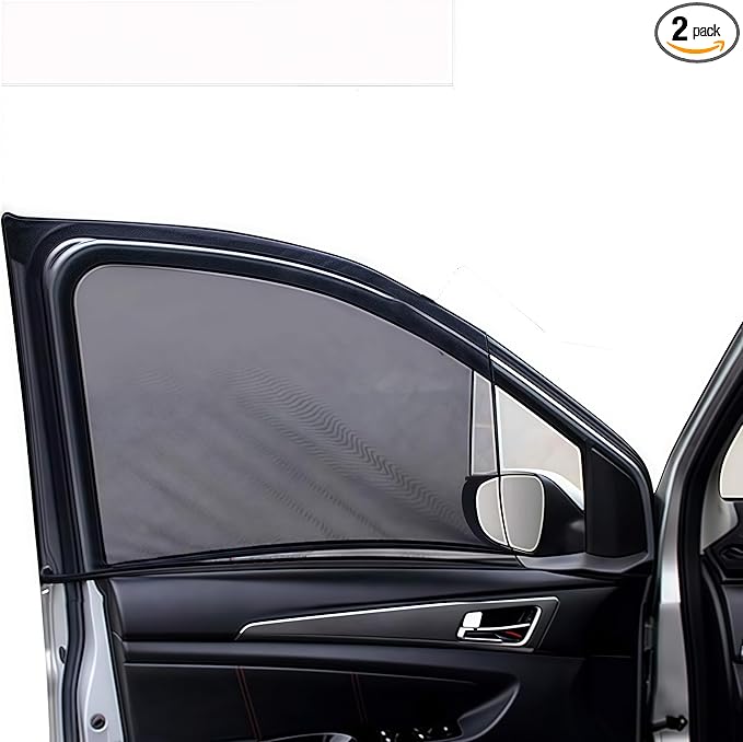 Car Front Window Sun Shade - 2 Pack Breathable Mesh Side Window Shade Sunshade UV Protection for Driver Family Pet on Front seat, Curtain with Two Holes to See Rearview Mirror, Size M