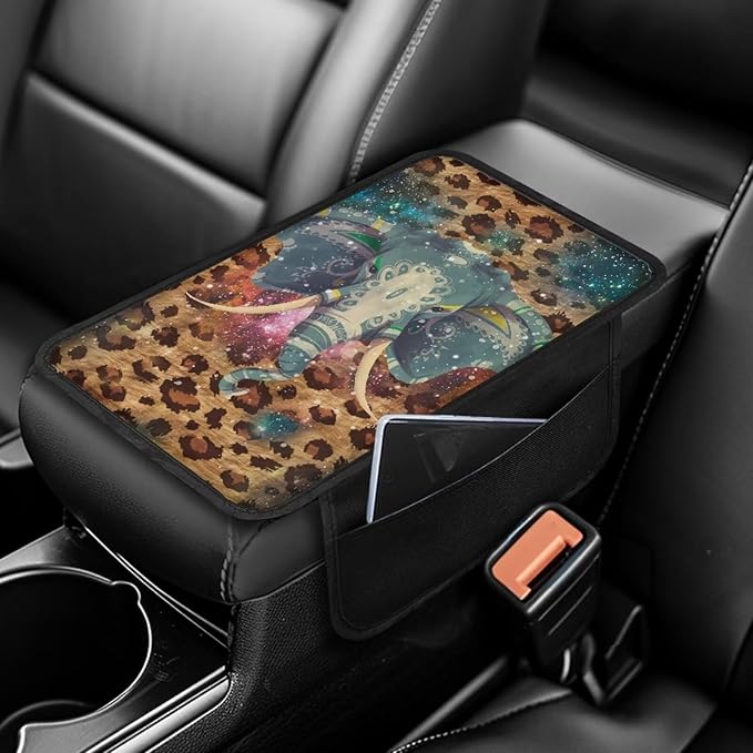 Elephant Leopard Pattern Center Console Covers for Cars Elastic Car Armrest Cushion Anti-Slip Vehicle Armrest Cover Pad Car Decoration Accessories Interior Protection