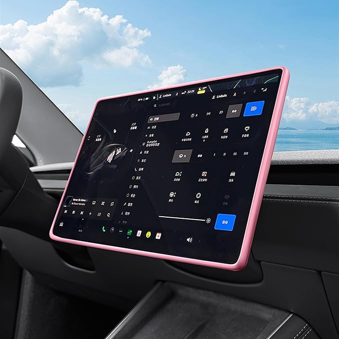 TOPABYTE 3PCS Center Console Accessories for Tesla New Model Y Juniper 2026 2025 Model 3 Highland 2024 Cup Holder Insert, Screen Edge Protector Frame, Wireless Charger Mat Silicone, Pink