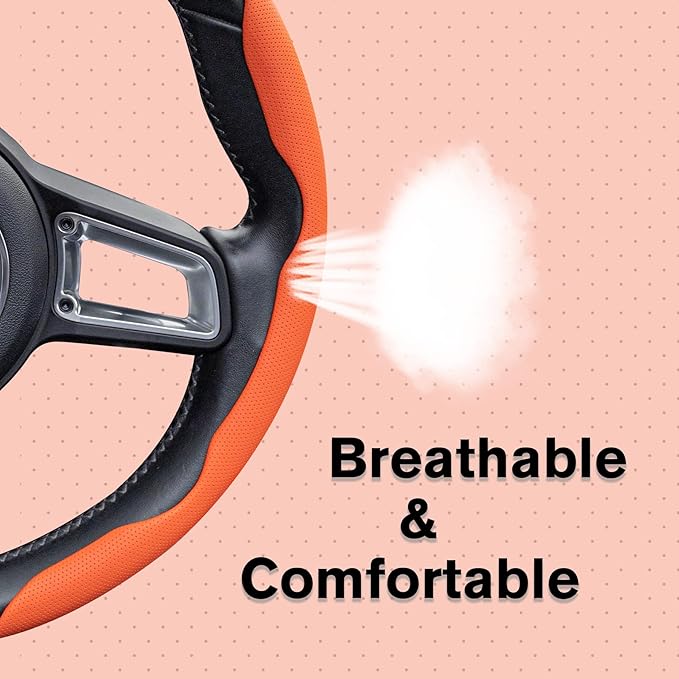 Amiss Nappa Leather Steering Wheel Cover, Segmented Steering Wheel Protector, 2PCS Universal 99% Car Wheel Cover Protector (Orange)