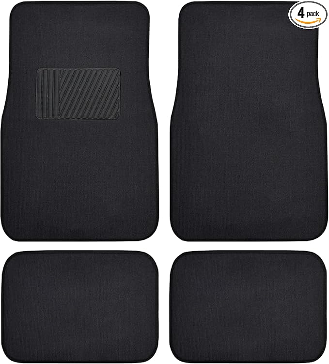 BDK Premium 4PC Set of Carpet Car Floor Mats with Vinyl Safety Heel Pad for Car, Truck, SUV, Coupe Sedan, Black (MT-100-BK)