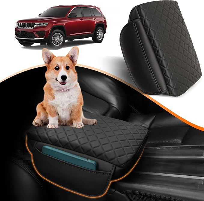 Center Console Armrest Cover for 2026 2025 2024-2021 Jeep Grand Cherokee L Accessories Arm Rest Pad Console Lid Protector Cushion Black with Pockets